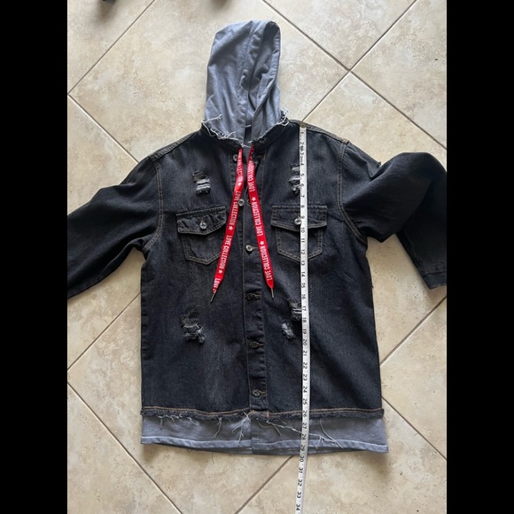 Denim Hooded Jacket Japanese/Hong Kong Style Distress Jacket Hole Retro Loose - Picture 8 of 13